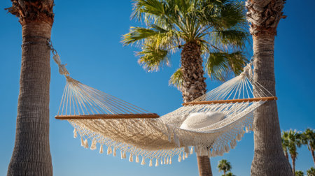 A cozy hammock is tied between two tall palm trees, inviting relaxation. The bright blue sky enhances the sunny atmosphere, perfect for enjoying a peaceful afternoon.の素材