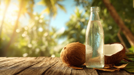 A clear glass bottle filled with coconut water sits beside a whole coconut on a wooden table. The background features lush greenery and sunlight, creating a refreshing tropical atmosphere.の素材