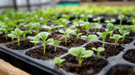 Small green seedlings thrive in plastic trays filled with dark soil at a garden center. The scene captures the essence of spring growth and nurturing of young plants.の素材