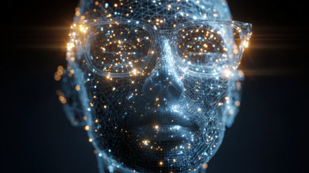 A digital representation of a face wearing glasses is surrounded by glowing lines and dots. The scene features a dark backdrop, emphasizing the bright elements of the character.の素材