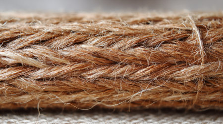 Close-up view of a natural fiber rope reveals its detailed texture and weaving pattern. The earthy tones and rough feel highlight its suitability for various crafts and decor ideas.の素材
