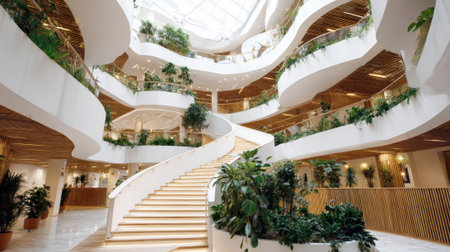 This location features a striking atrium with a spiral staircase surrounded by lush plants. The design emphasizes natural light and an open, inviting atmosphere for office workers.の素材