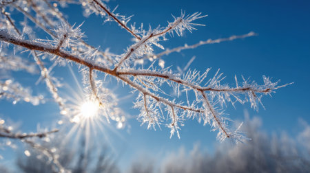 A branch with intricate frost formations sparkles in the sunlight on a bright winter morning. The blue sky enhances the serene beauty of the scene.の素材