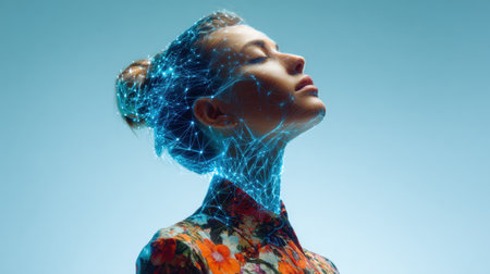 A young woman stands gracefully with her eyes closed, wearing a vibrant floral shirt. Her silhouette is illuminated by a glowing network of digital connections, blending technology with beauty.の素材