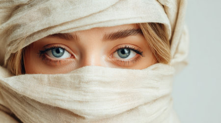 A person gazes directly at the camera with intense blue eyes, partially wrapped in a light fabric. The image captures the elegance and mystery of their expression against a simple backdrop.の素材