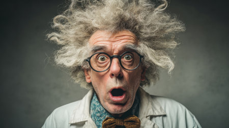 A scientist with disheveled hair shows surprise in a dramatic studio portrait.の素材