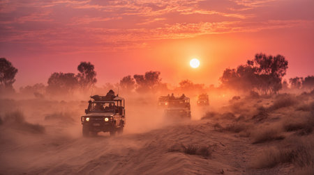 Off road vehicles move through a sandy desert under a breathtaking sunset with colorful sky.の素材