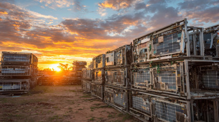 Containers are stacked neatly in a yard as the sun sets casting warm glows in the sky and on the ground.の素材