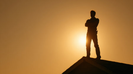 A person stands confidently on a rooftop backlit by a stunning sunset. Warm colors paint the sky.の素材