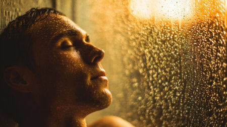 Moisture clings to the glass as a man finds peace in the warm embrace of a morning shower.の素材