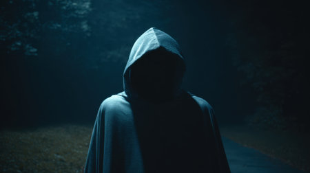 A cloaked figure stands quietly on a dark path in the forest surrounded by an eerie silence.の素材