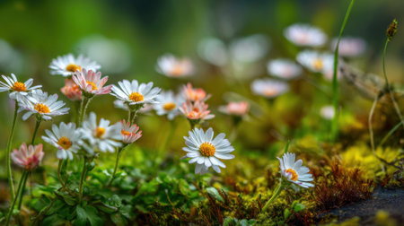 Colorful wildflowers flourish amidst lush green moss in a tranquil forest background. The scene captures the beauty of nature in spring, with delicate petals and bright colors.の素材