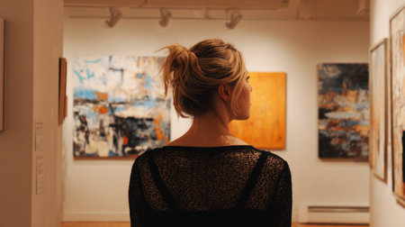 A woman admires vibrant artwork in a cozy gallery surrounded by captivating abstract pieces.の素材