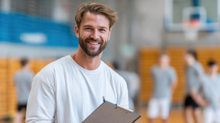 A cheerful coach holds a clipboard while guiding young athletes in a lively gym environment.の素材