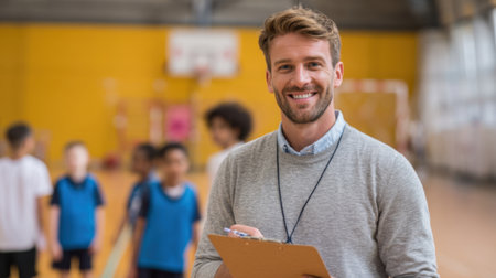 A smiling coach holds a clipboard overseeing a practice session with young players in a gym.の素材