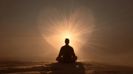 A person sits cross legged in meditation surrounded by soft light and tranquility as the sun rises.の素材
