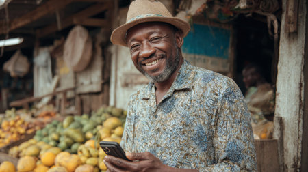 Vendor stands happily with a smartphone surrounded by vibrant fruits in the lively market.の素材