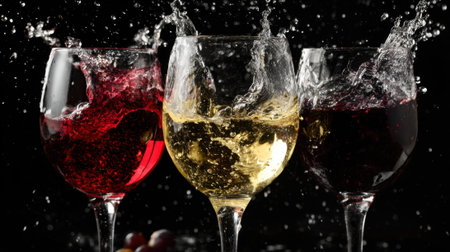 Three glasses filled with red white and sparkling wine splash water droplets in a dark setting.の素材