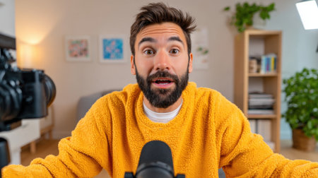 A man wearing a vibrant yellow sweater gestures enthusiastically in his cozy home studio.の素材