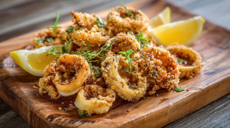 A platter showcases beautifully fried calamari rings, golden brown and crispy, garnished with fresh herbs. Lemon wedges add a zesty touch to this tasty dish in a relaxed atmosphere.の素材