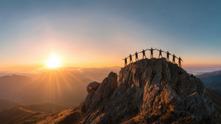 A group of friends stands on a mountain peak joyfully welcoming the sunrise as colors fill the sky.の素材