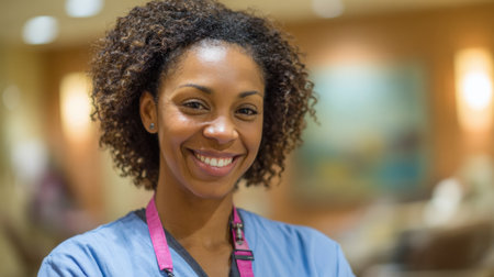 A dedicated nurse with curly hair shares a joyful smile while in a bright hospital corridor.の素材