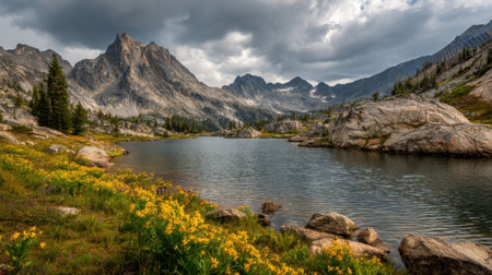 Stunning mountains overlook a serene lake filled with wildflowers under moody clouds.の素材