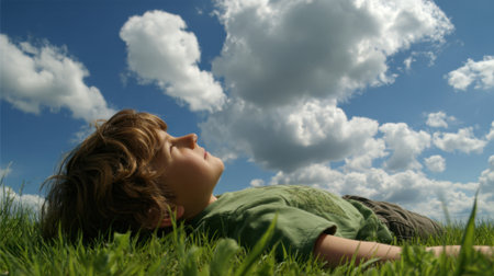 A young boy lies peacefully in the grass watching clouds float by in the blue sky.の素材