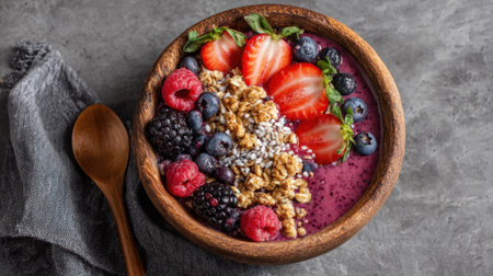 A smoothie bowl is served in a wooden bowl, filled with berry-flavored blend, topped with strawberries, blueberries, raspberries, and granola. A spoon rests nearby.の素材