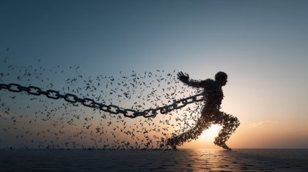 Silhouetted against a vibrant sunset a figure runs releasing chains that symbolize freedom and strength.の素材