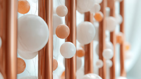 Colorful round shapes in white and orange cascading alongside shiny copper rods create a striking visual in a contemporary interior space. Natural light enhances the scene's beauty.の素材