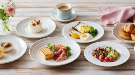 Several plates hold a variety of breakfast foods including eggs pastries and colorful salads.の素材