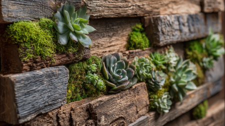 Vibrant succulents and lush moss thrive on a weathered wooden wall, capturing a unique blend of nature and art. The arrangement creates a refreshing and serene atmosphere.の素材