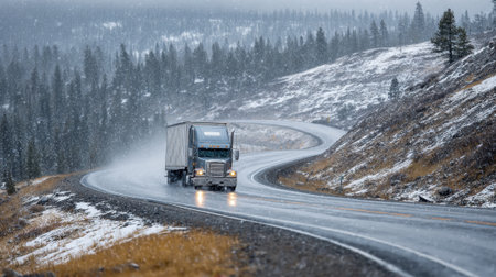 A large truck navigates a winding road as snow falls gently in a remote forested area.の素材
