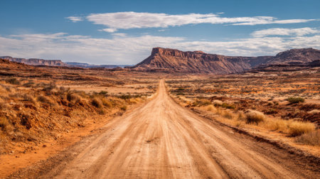 A winding dirt road leads through a rugged desert terrain framed by stunning rock formations and sparse vegetation.の素材