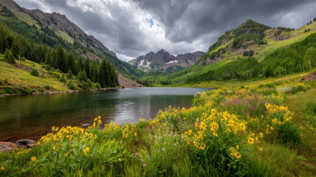 Colorful wildflowers greet the serene lake as majestic mountains loom under a cloudy sky.の素材