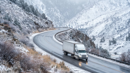 A truck travels along a winding road surrounded by snowy mountains during a winter storm.の素材