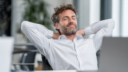 Man with curly hair enjoys a moment of relaxation at his desk in a bright office space.の素材