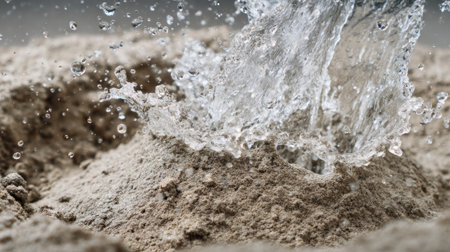 Water bursts from sand creating vibrant splashes as sunlight hugs the horizon during sunset.の素材