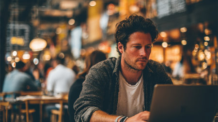 Young man types on laptop at a lively cafe surrounded by friends and chatter enjoying the evening.の素材