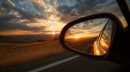 A peaceful sunset unfolds over hills with warm colors visible in the cars side mirror.の素材