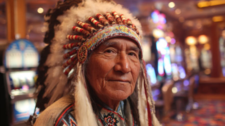 Elder man showcases his tribal heritage with a vibrant headdress inside a bustling casino.の素材