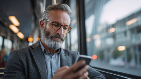 A well dressed man checks his smartphone while sitting on a city bus with sunlight streaming in.の素材