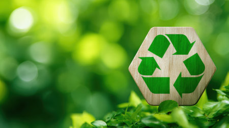 Wooden recycle symbol contrasts beautifully with lush greenery representing natures harmony and sustainability.の素材