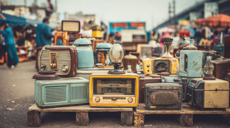 Colorful old radios and appliances fill a vibrant market scene attracting curious shoppers in the sun.の素材