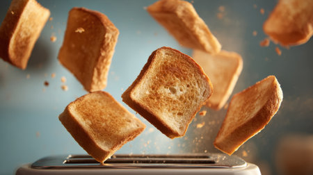 Slices of golden toasted bread rise effortlessly from a toaster creating a delightful kitchen moment.の素材