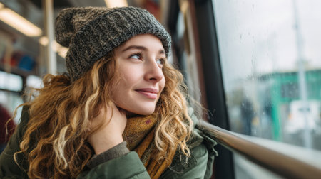 A young woman with curly hair enjoys a quiet moment on a bus watching the raindrops outside.の素材
