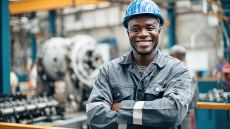 A dedicated worker poses with a smile in an active factory filled with machinery.の素材