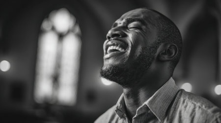 A man joyfully expresses his feelings inside a tranquil church surrounded by soft light.の素材