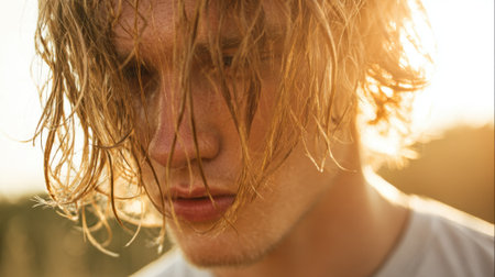 A young man stands outdoors with sunlight highlighting his wavy hair deep in contemplation.の素材